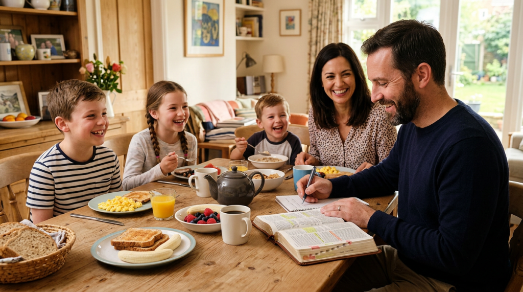 Family eating breakfast together as a father writes beside an open Bible