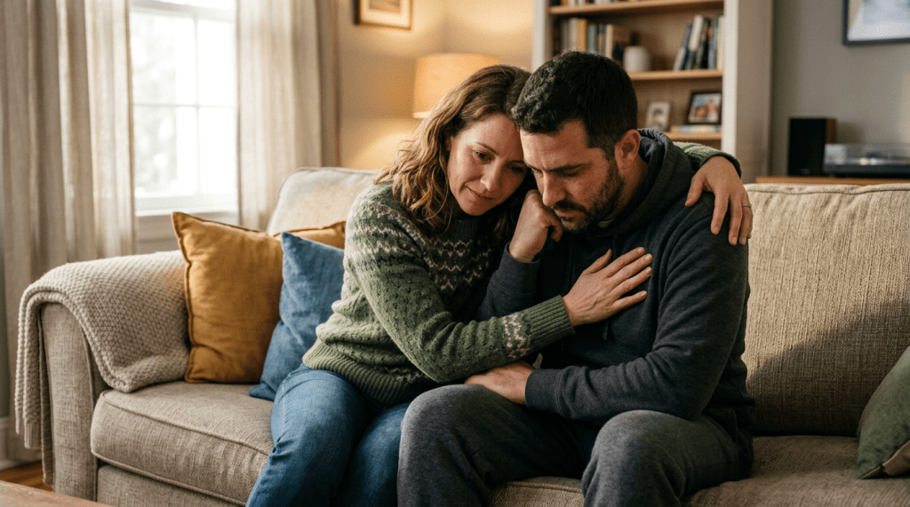 Current image: A woman comforts a distressed man sitting on a living room sofa